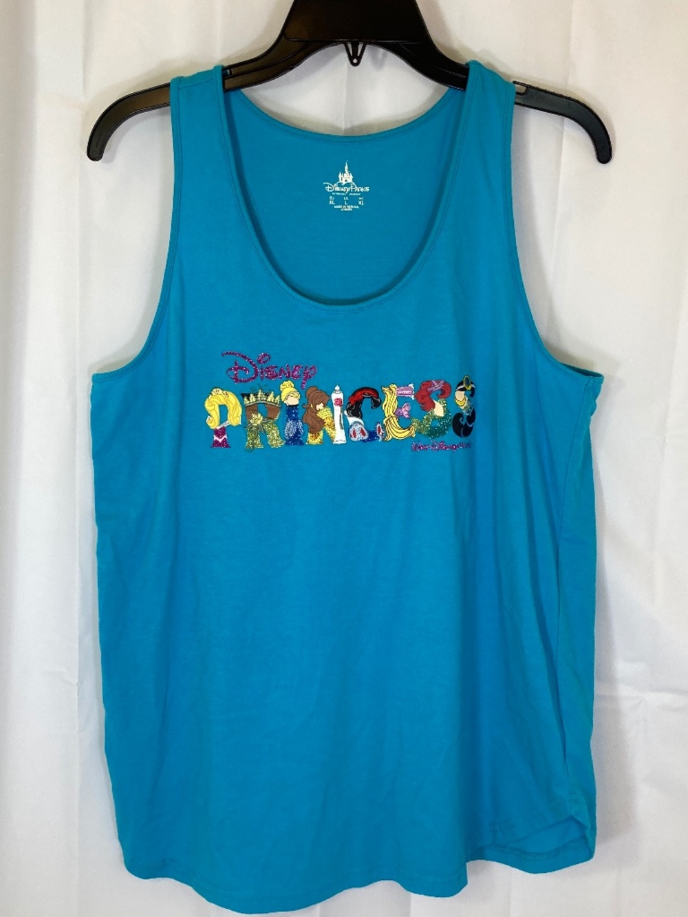 Disney Princess Blue Tank Top Women Sz L Racer Back Glitter Accents Worn Once